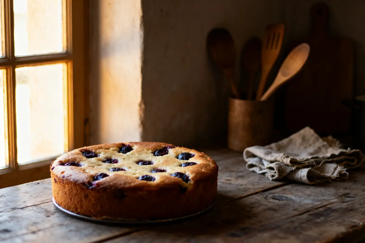 Gâteau aux myrtilles sur table en bois près d'une fenêtre lumineuse, ustensiles en bois en arrière-plan.