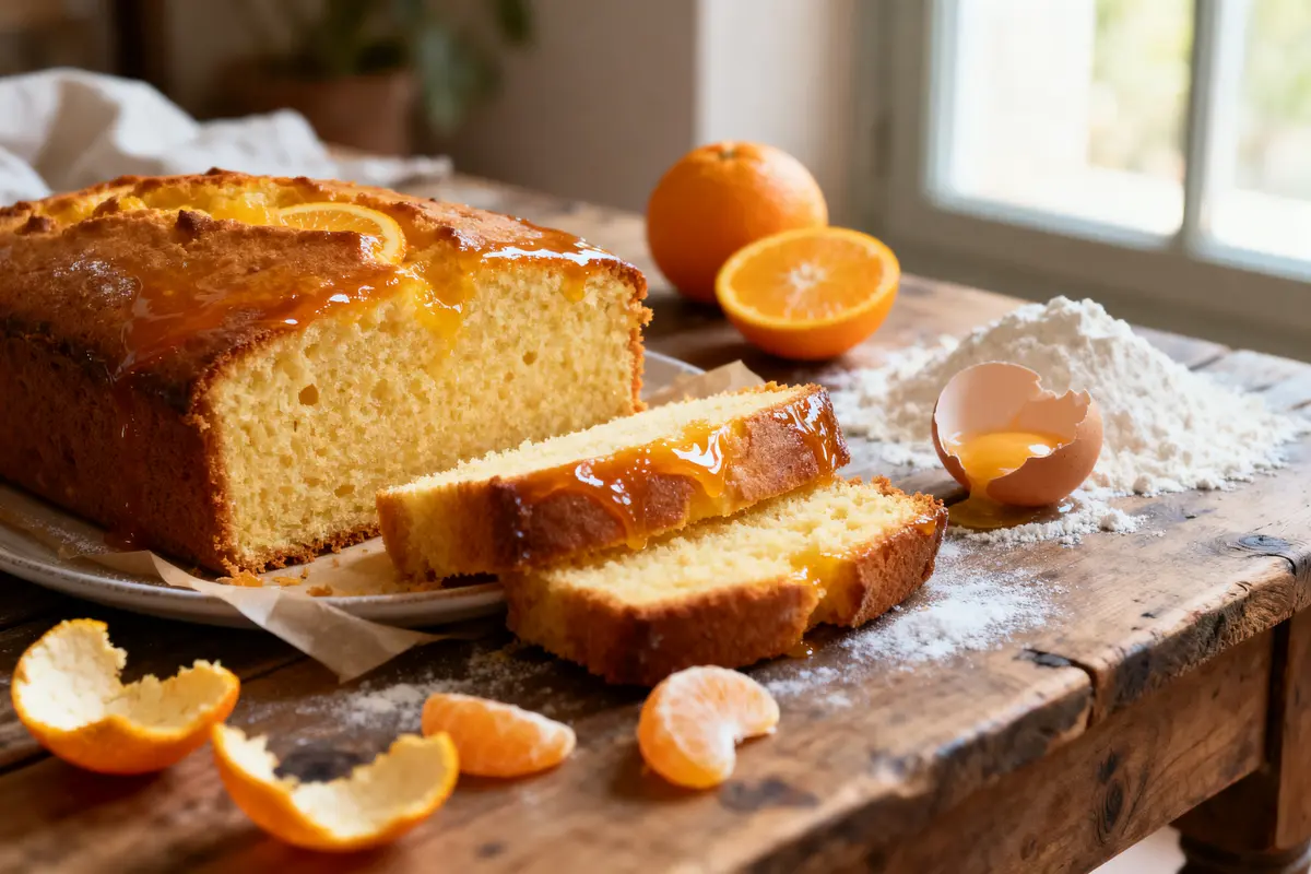 Gâteau à l'orange tranché sur table en bois, avec oranges, farine, et coquille d'œuf.