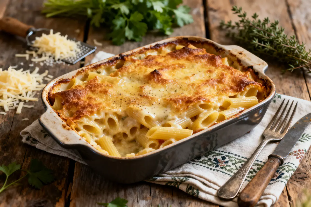 Gratin de pâtes au fromage doré, persil, table en bois rustique. Râpe et fromage à côté.