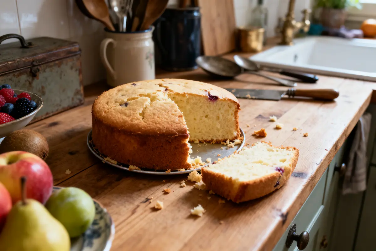 Gâteau rond avec tranche coupée sur plan de travail en bois, fruits frais à côté.