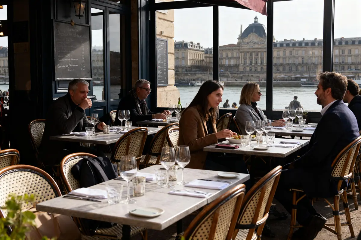 Personnes dînant dans un restaurant parisien, terrasse avec vue sur la Seine et bâtiments historiques en arrière-plan.