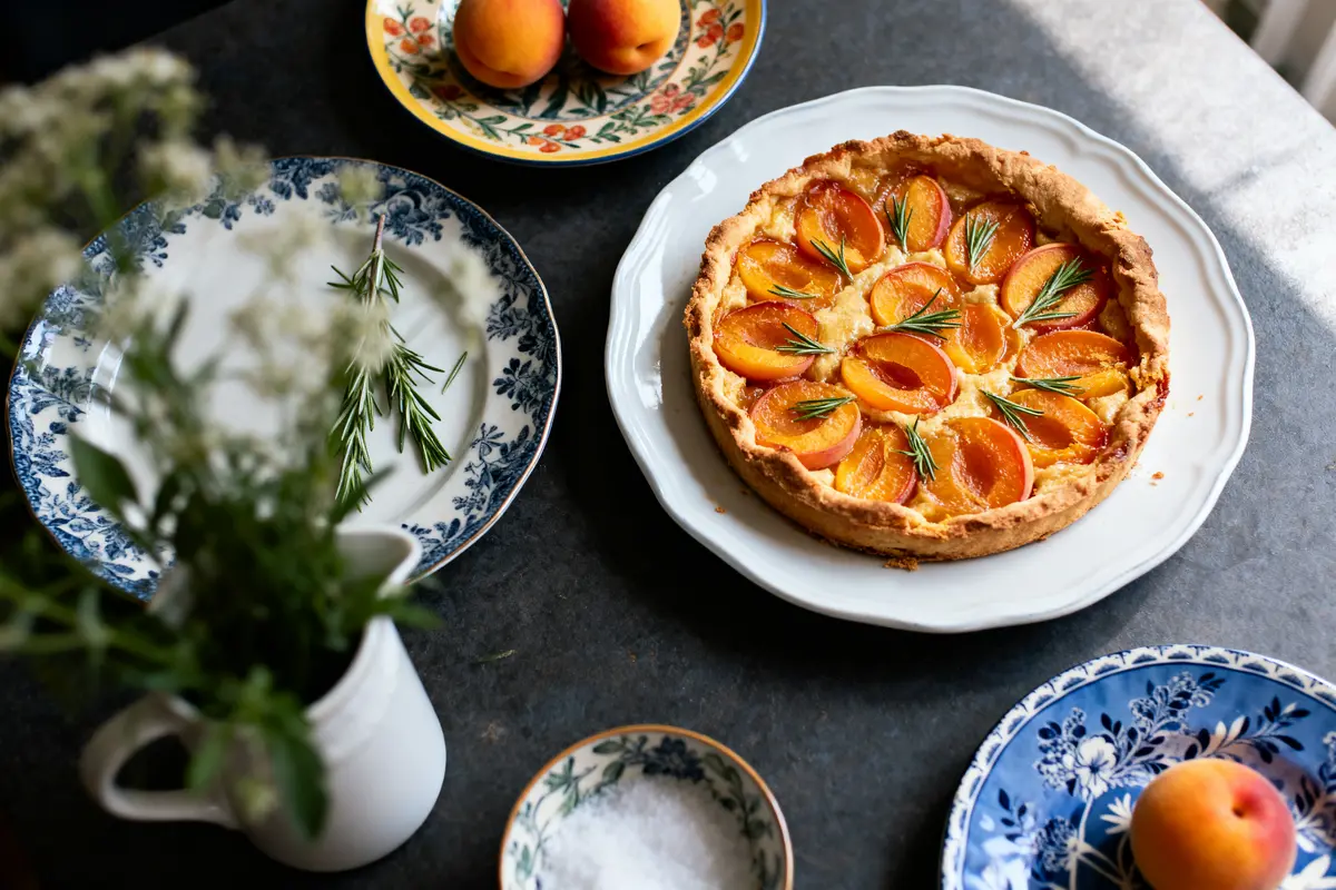 Tarte aux abricots et romarin sur assiette blanche. Assiettes décoratives et abricots autour. Fleurs floues.