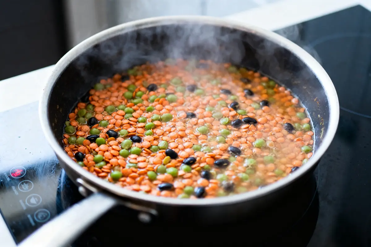 Poêle avec lentilles rouges, pois verts, haricots noirs en train de cuire sur une plaque chauffante.