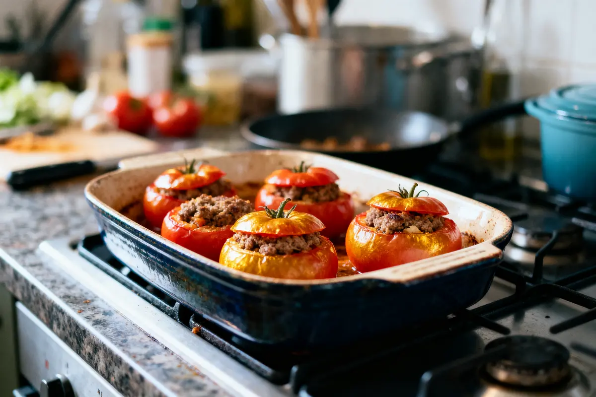 Tomates farcies à la viande, cuites au four, dans un plat en céramique sur une cuisinière.