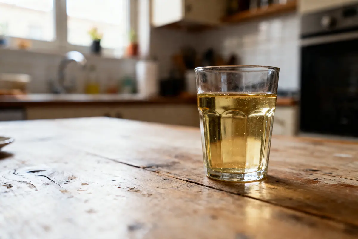 Verre de boisson jaune pétillante sur une table en bois, cuisine en arrière-plan floue.