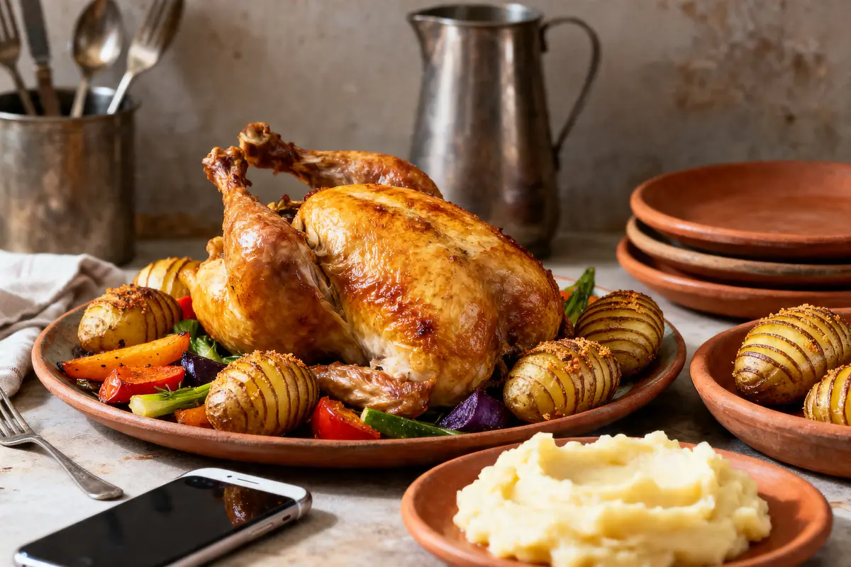 Poulet rôti avec légumes, pommes de terre rôties et purée, téléphone et couverts en arrière-plan.