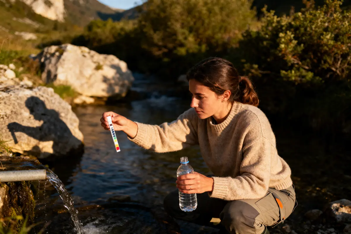Femme examinant un testeur de pH près d'un ruisseau, tenant une bouteille d'eau.