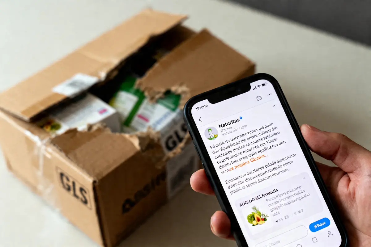 Une boîte en carton ouverte et une main tenant un smartphone affichant un message de l'application Naturitas.