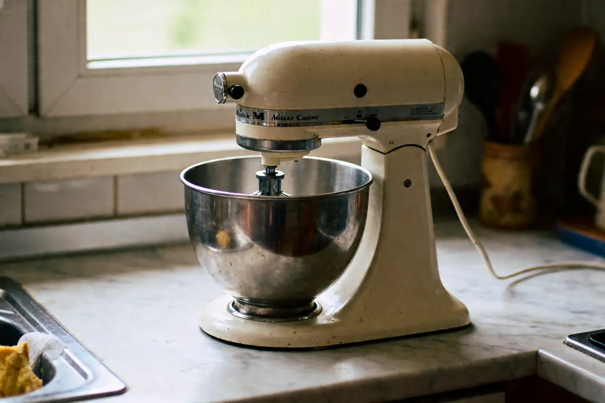 Robot culinaire vintage blanc sur comptoir cuisine, près fenêtre. Bol acier inoxydable. Ambiance rétro.