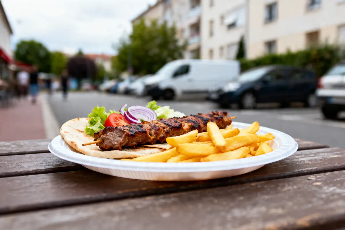 Assiette de brochette grillée, frites, salade et pita sur table extérieure, rue en arrière-plan flou.