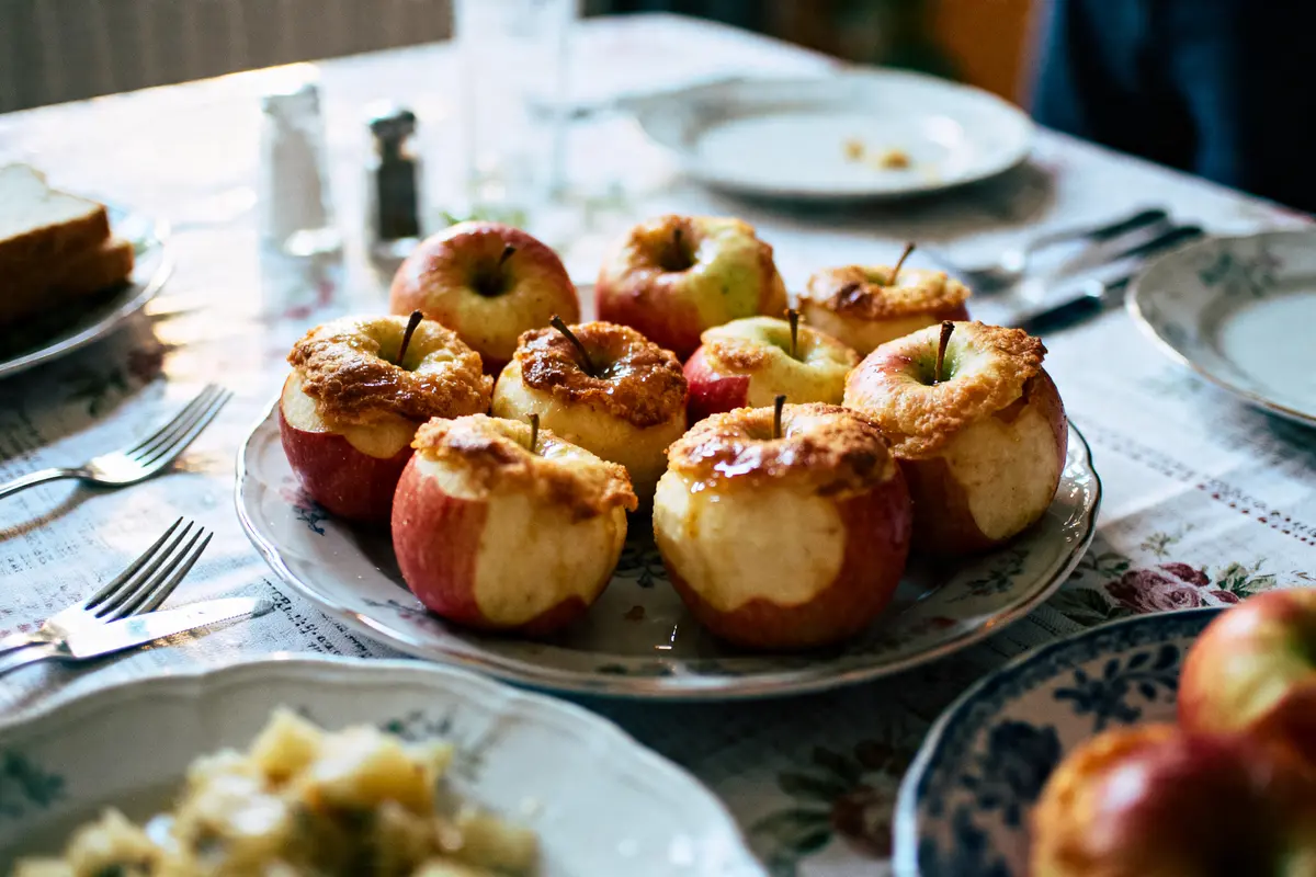 Assiette de pommes rôties au four, posée sur une table dressée avec des couverts et assiettes.