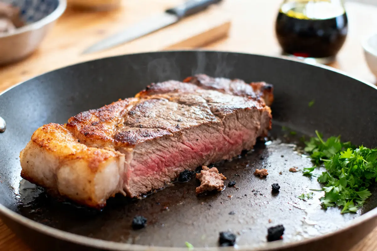 Steak saignant dans une poêle avec persil frais et assaisonnement. Couteau flou en arrière-plan.