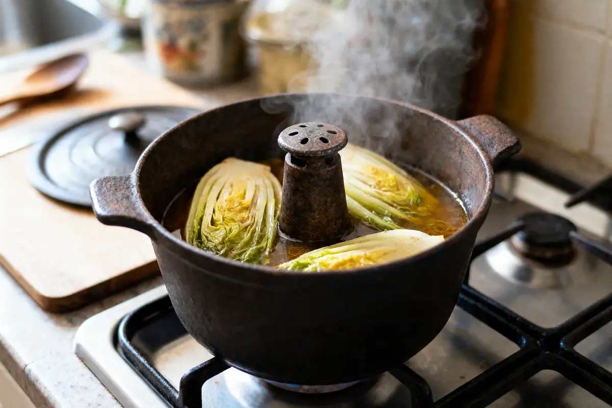Chou chinois cuit à la vapeur dans une marmite en fonte sur une cuisinière, avec vapeur visible.