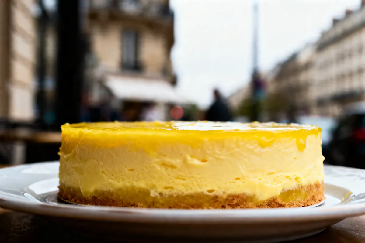 Gâteau au citron sur assiette blanche, arrière-plan flou de rue urbaine.