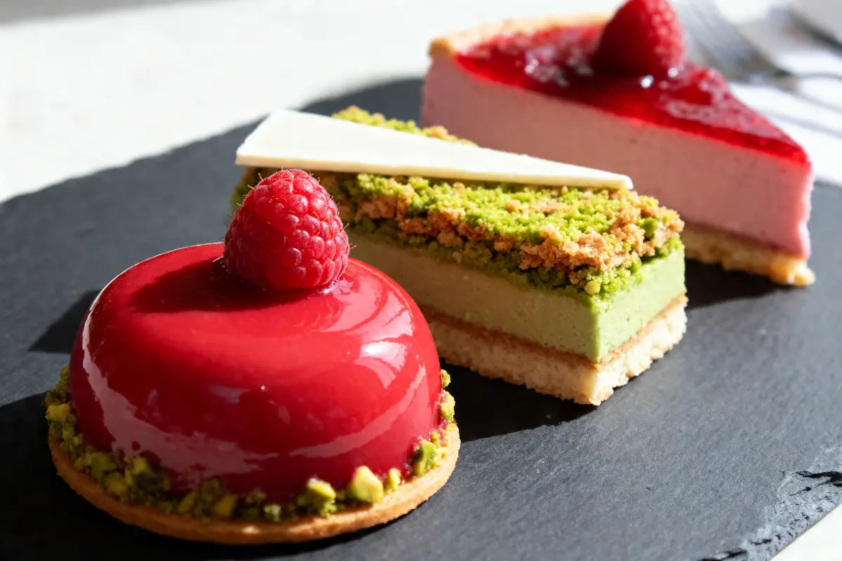 Trois gâteaux sur ardoise : dôme rouge framboise, carré pistache, tarte framboise à la génoise.