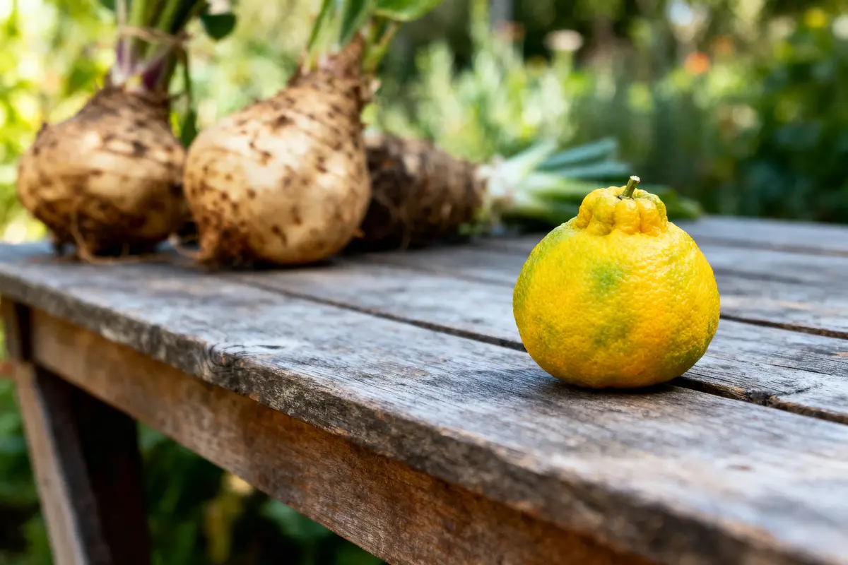 Agrume jaune et racines de céleri-rave sur table en bois, fond flou de jardin.