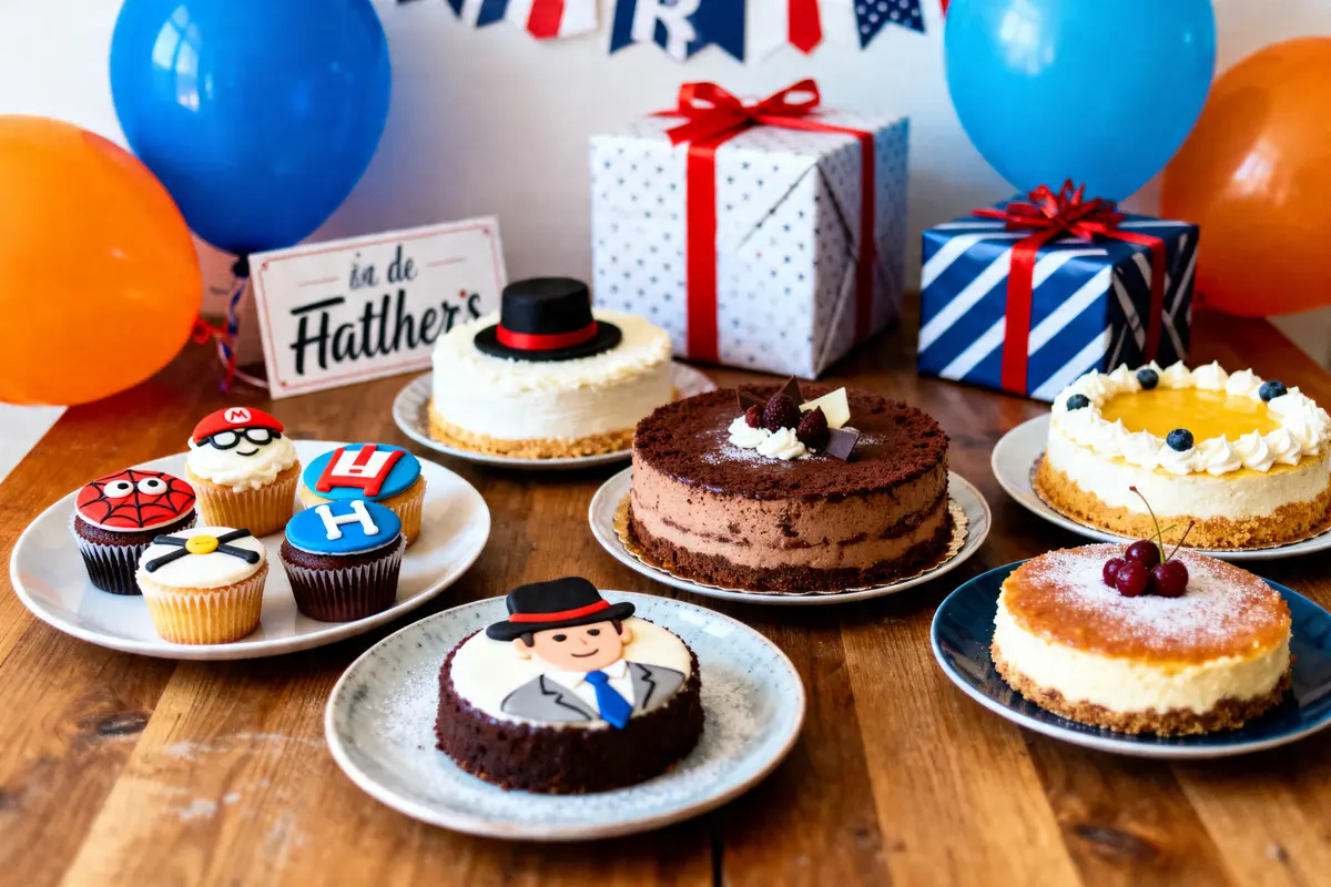 Assortiment de gâteaux et cupcakes décorés sur table en bois, avec ballons et cadeaux en arrière-plan.