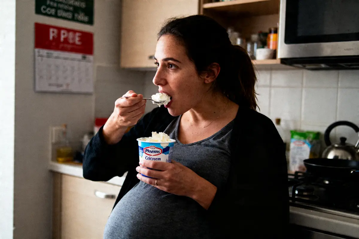 Femme enceinte mangeant du yaourt dans cuisine, vêtue de vêtements confortables.
