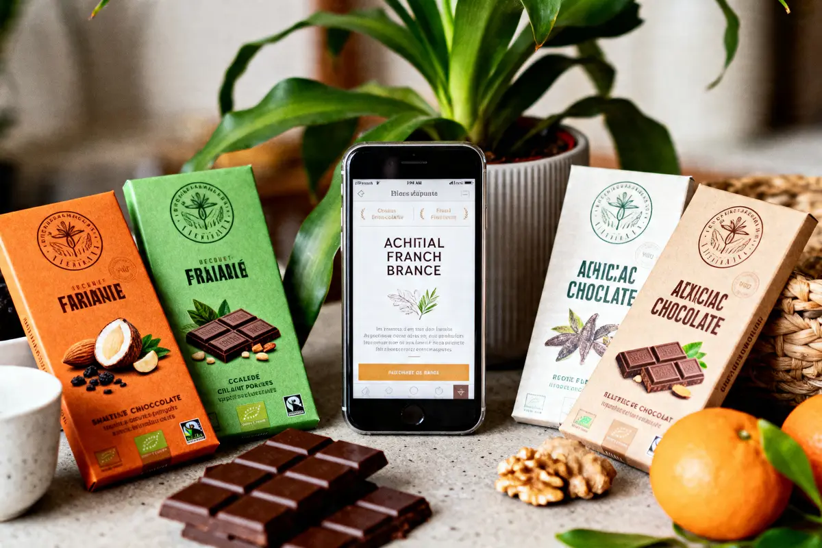 Barres de chocolat, téléphone affichant une application, plante, noix et clémentine sur table en arrière-plan.