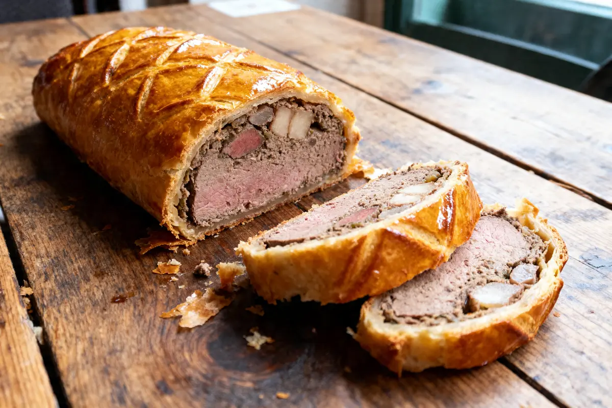 Pâté en croûte tranché sur une table en bois, montrant la farce et la croûte dorée.