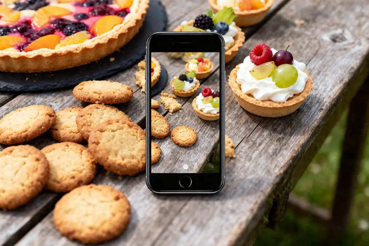 Smartphone photographiant des tartes aux fruits et biscuits sur une table en bois rustique.
