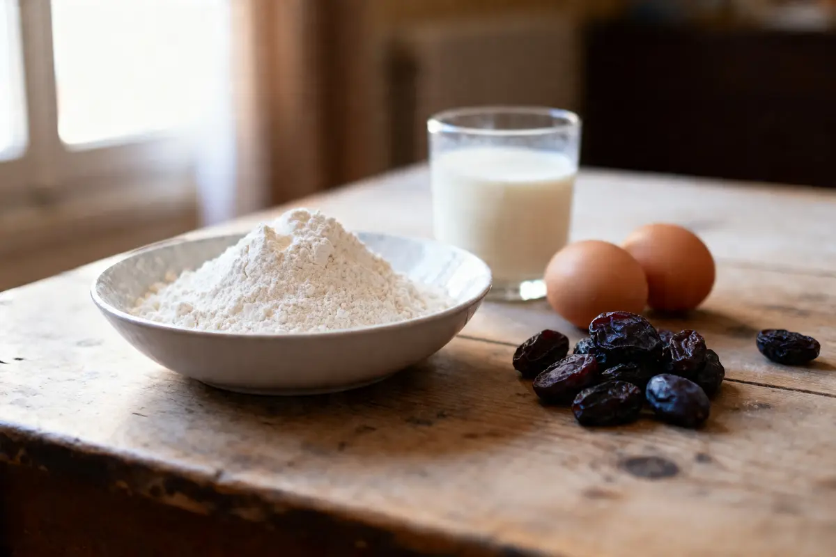 Assiette de farine, dattes, œufs et verre de lait sur table en bois.