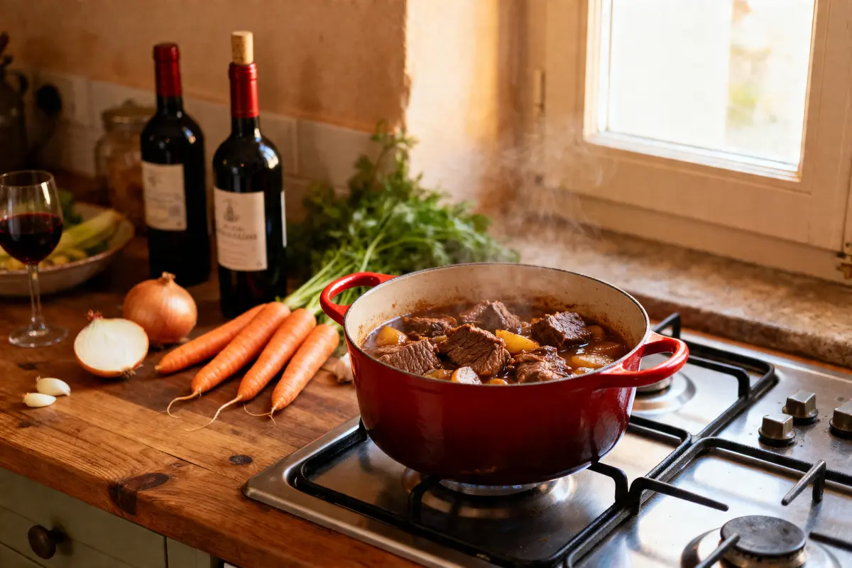 Une cocotte rouge mijote un ragoût sur gazinière avec carottes, oignons, vin, persil à proximité.