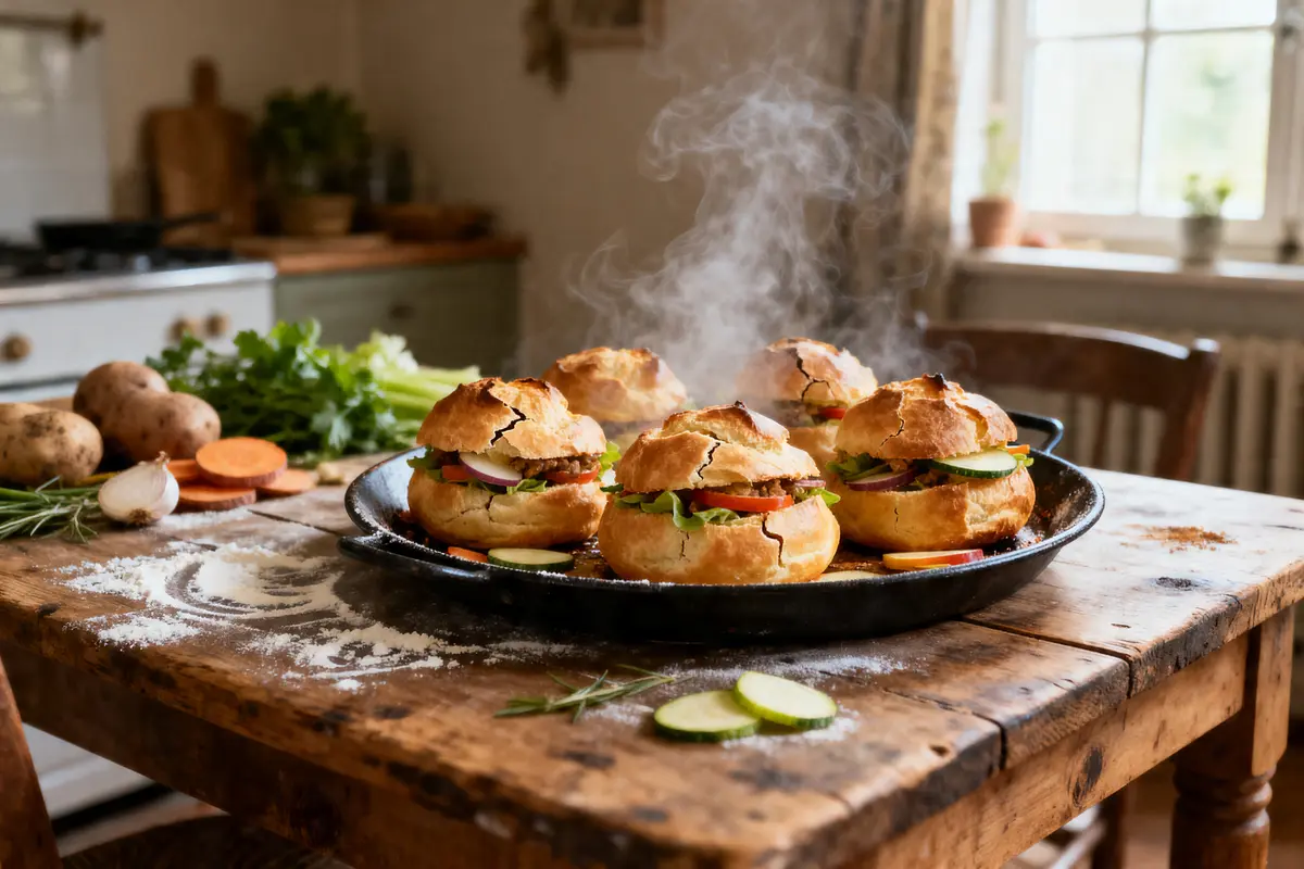 Plateau de burgers maison fumants sur table rustique, entouré de légumes frais, cuisine en arrière-plan.