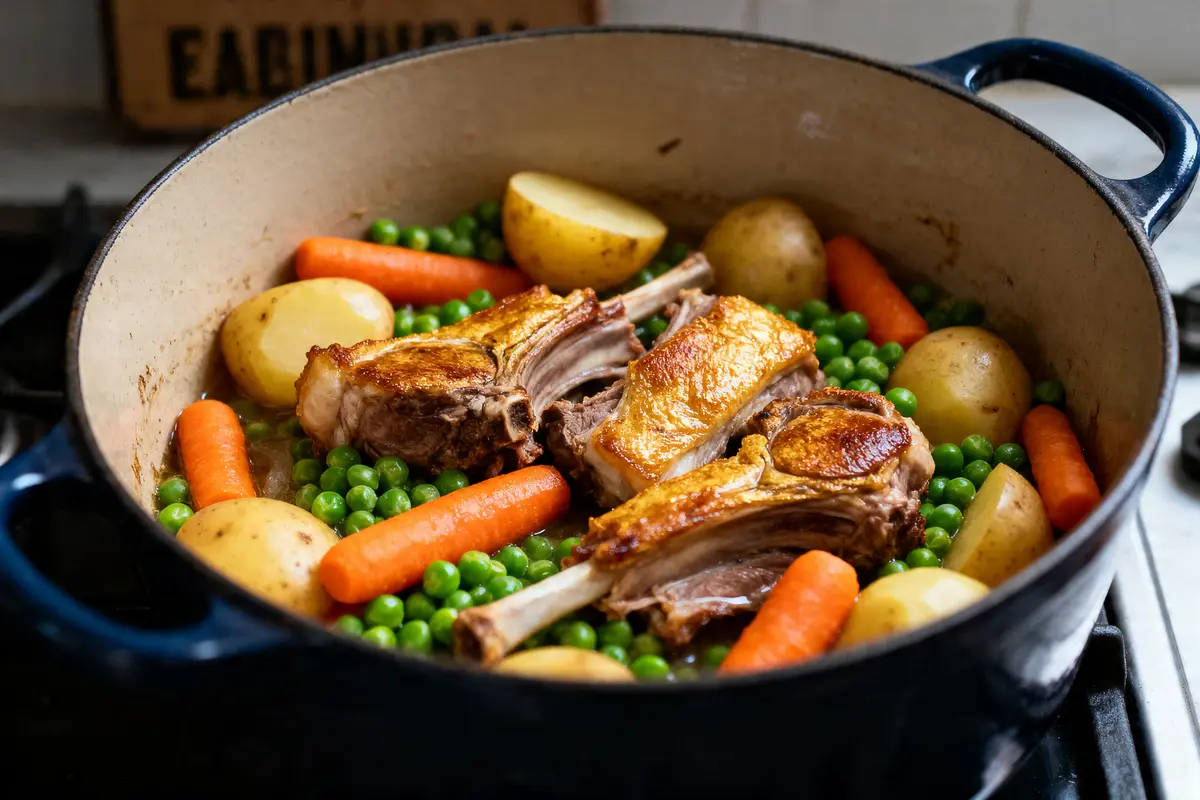 Cocotte en fonte avec côtelettes d'agneau, pommes de terre, carottes et petits pois cuisinés.