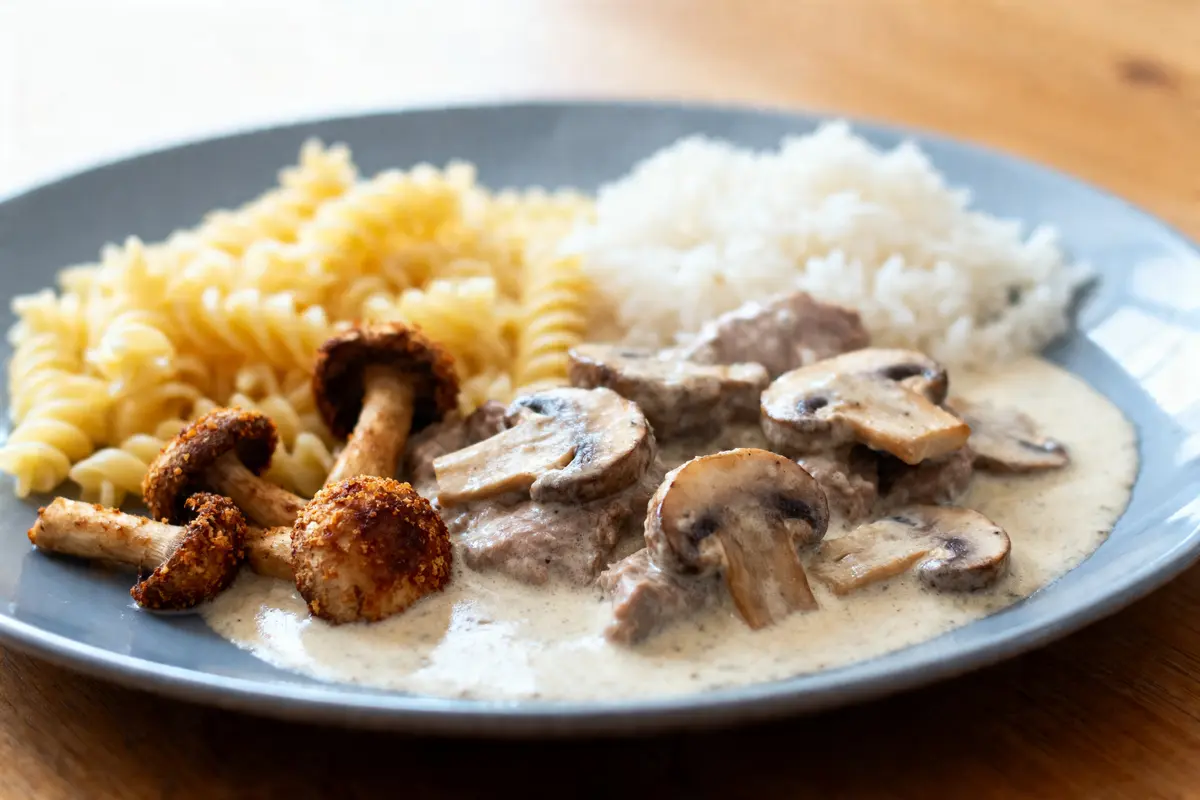Assiette avec pâtes, riz, champignons, et sauce crémeuse blanche.