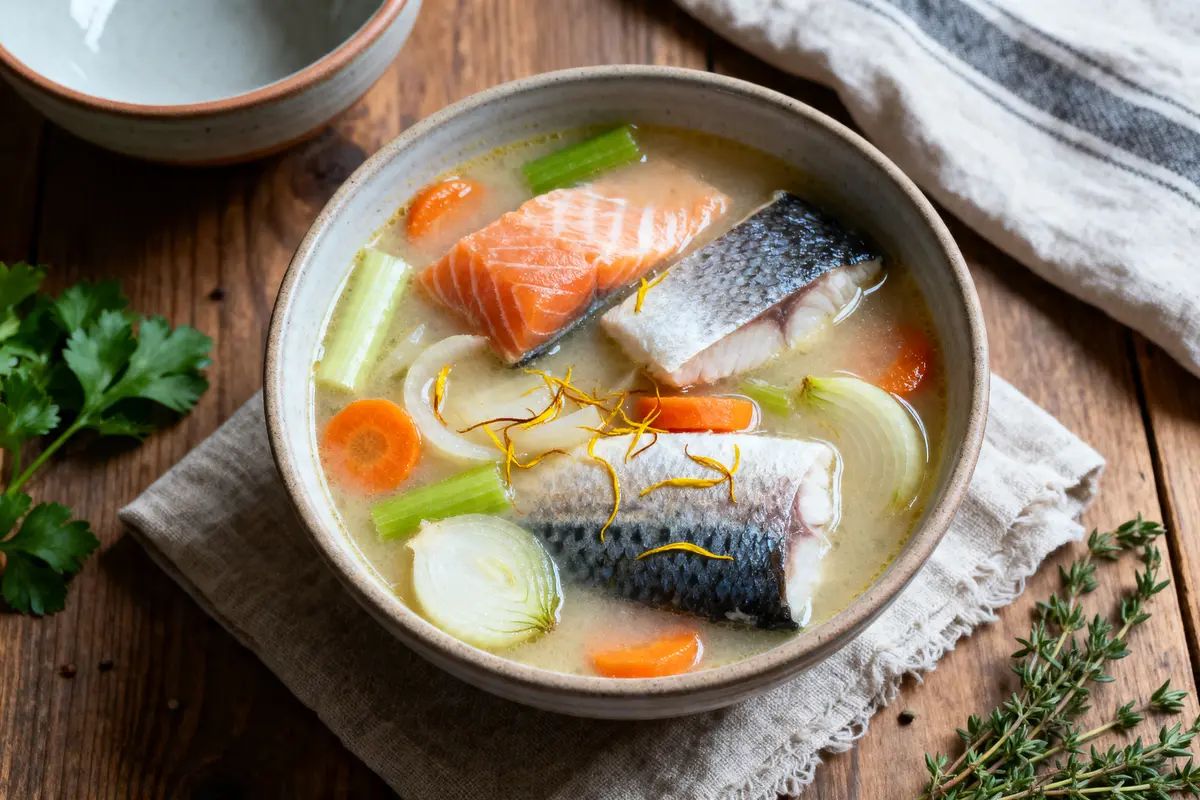 Bol de soupe de poisson avec légumes colorés sur table en bois, herbes à côté.