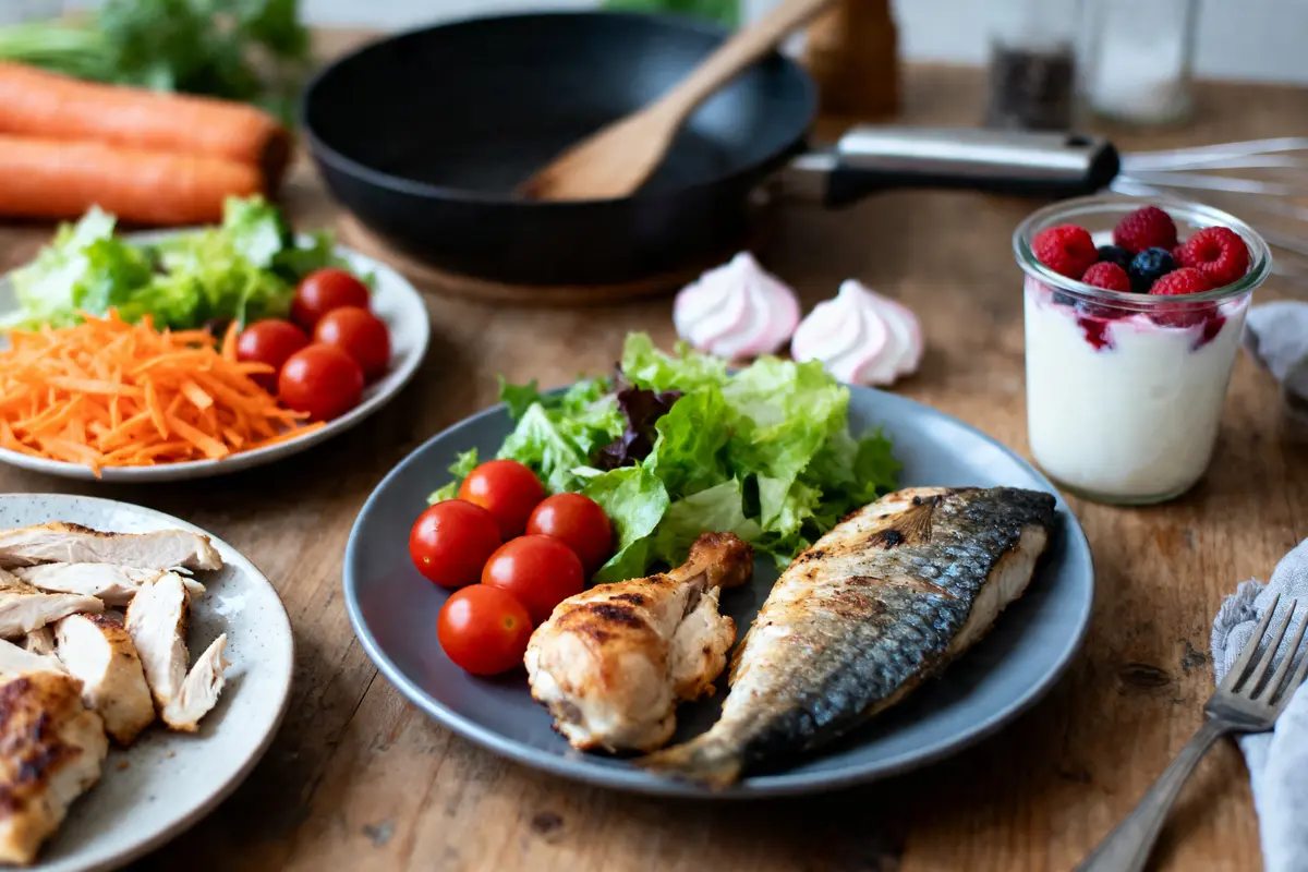 Assiette de poisson, poulet, salade, tomates, avec yaourt aux fruits et meringues sur table en bois.