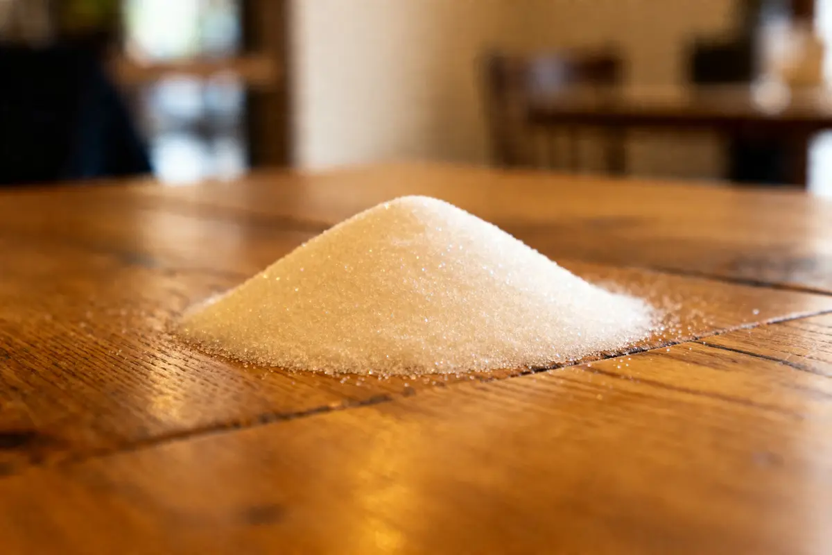 Un tas de sucre blanc sur une table en bois.