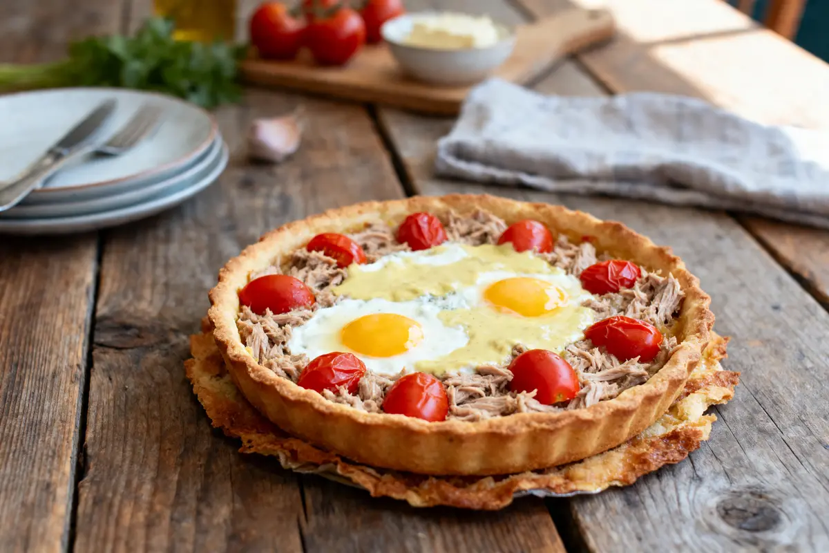 Tarte salée avec tomates cerises, œufs prêts, viande effilochée sur table en bois, assiettes empilées à côté.