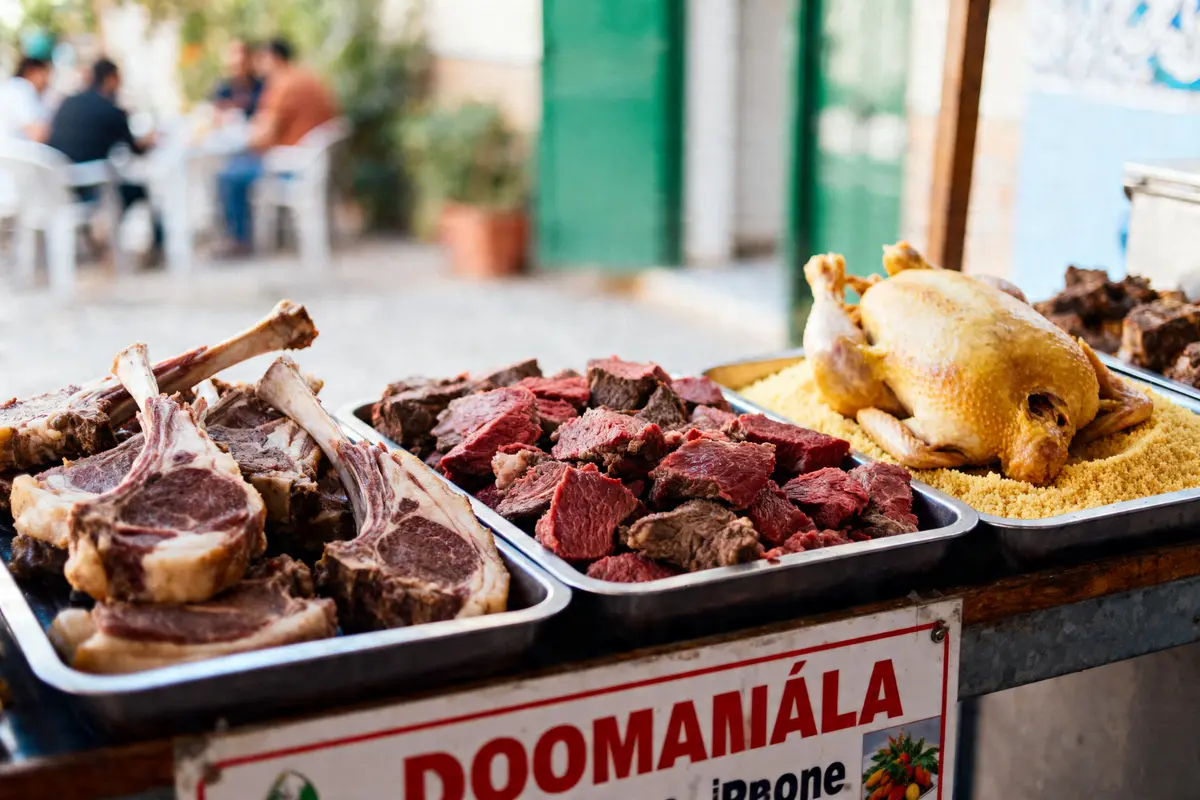 Plateaux de viande crue et de volaille exposés à l'extérieur, avec des personnes en arrière-plan flou.