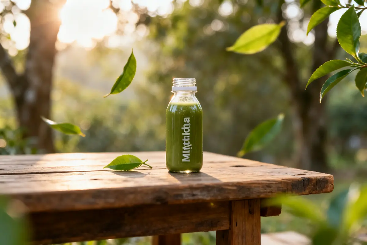 Bouteille de Matcha Slim sur une table en bois entourée de feuilles vertes