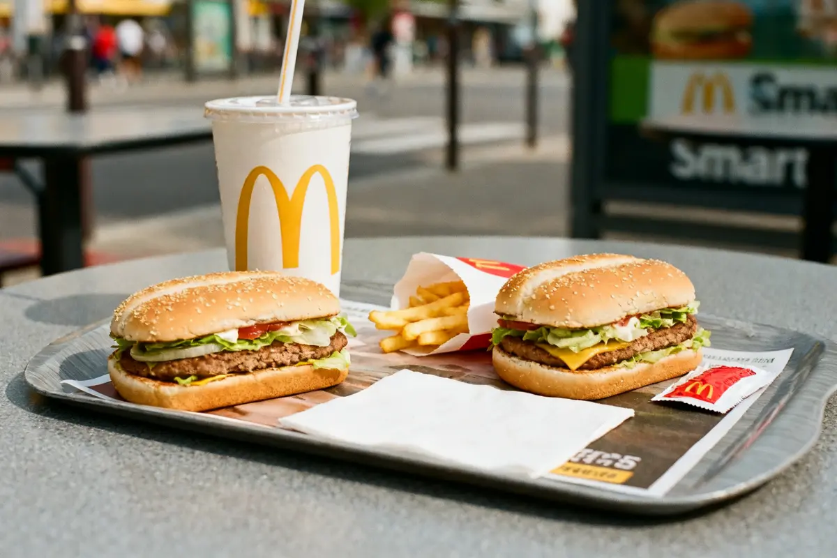Plateau Mc Smart avec hamburgers, frites et boisson sur table en extérieur McDonald's