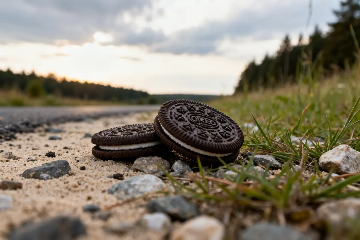 Biscuits Oreo halal posés sur un sol sablonneux près d'une route calme