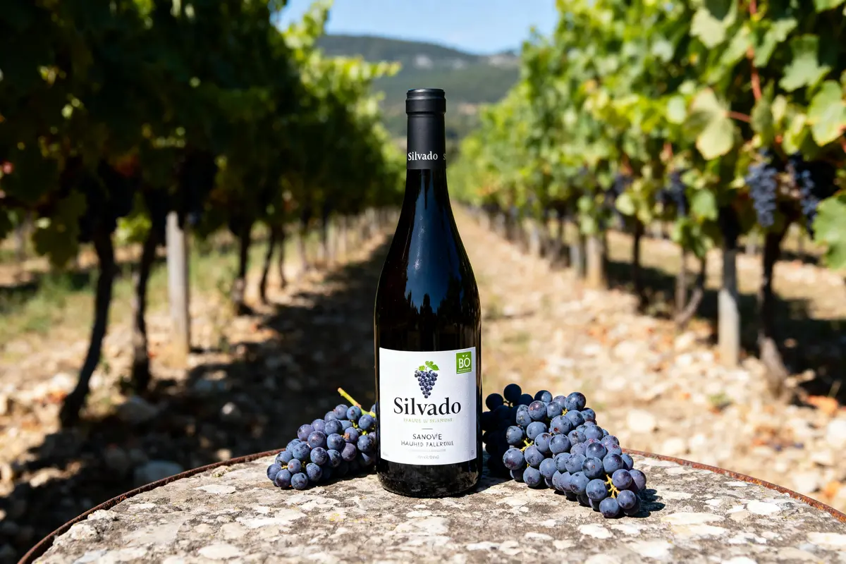 Bouteille de vin bio Silvado avec grappes de raisin dans un vignoble ensoleillé