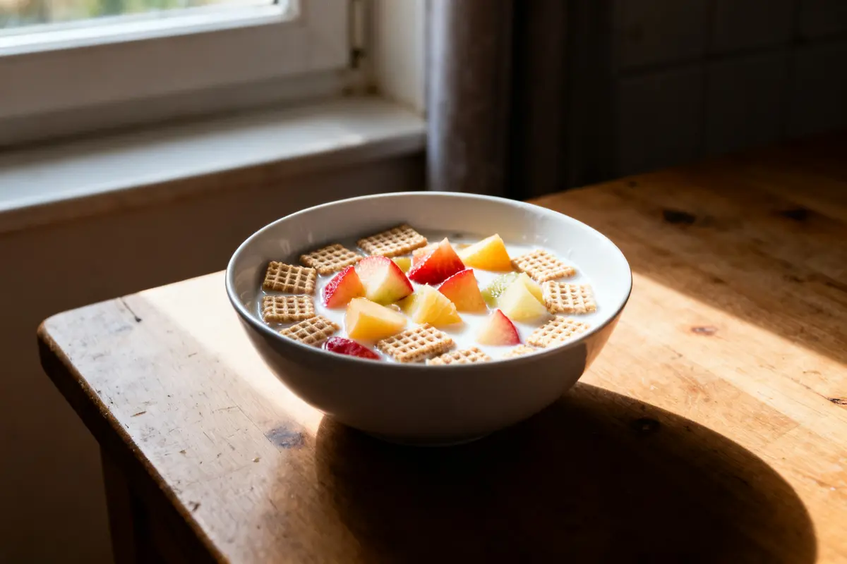 Bol de Weetabix avec lait, morceaux de fruits colorés sur table en bois lumineux