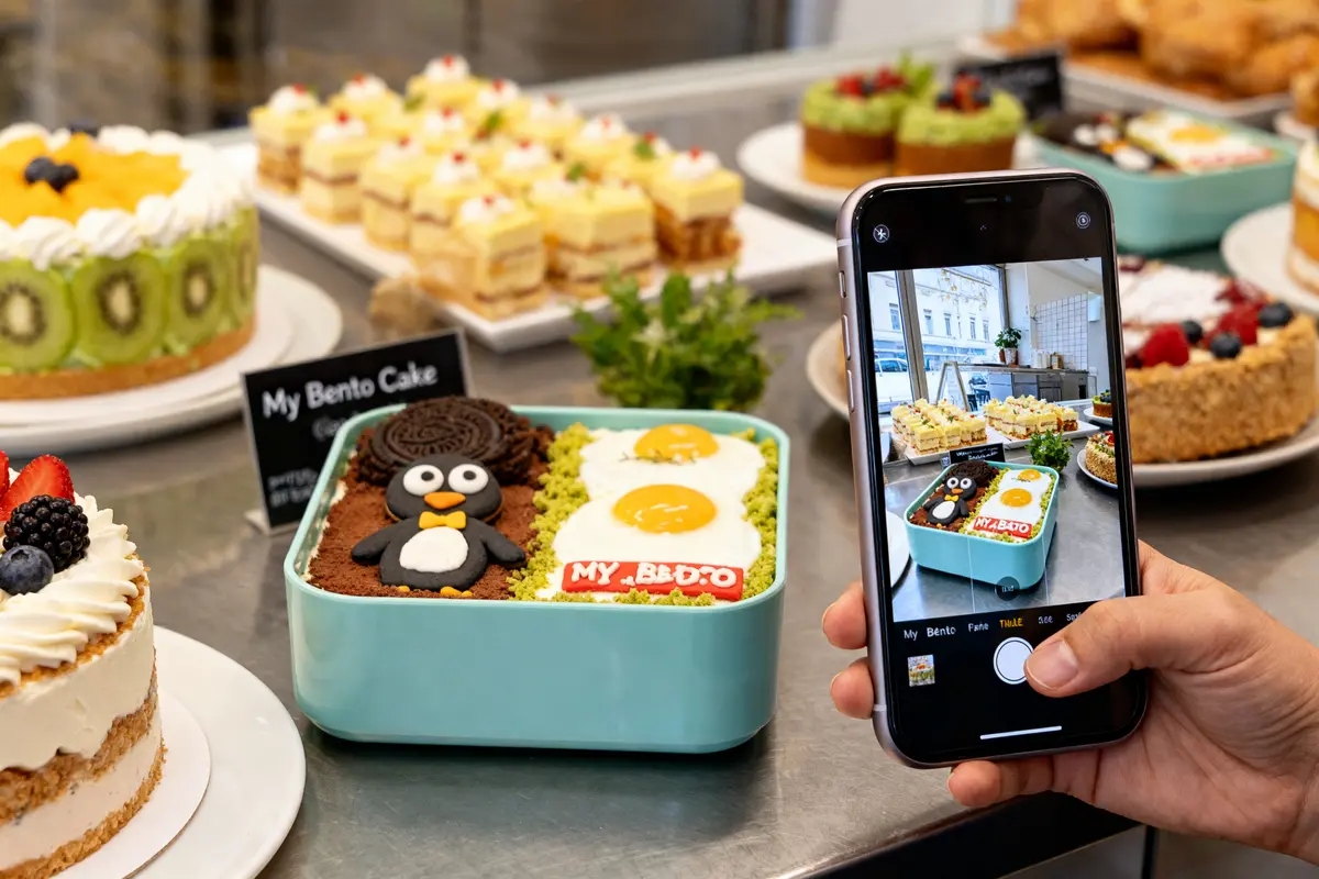 Personne photographiant un my bento cake décoré avec des pingouins, avis sur my bento cake