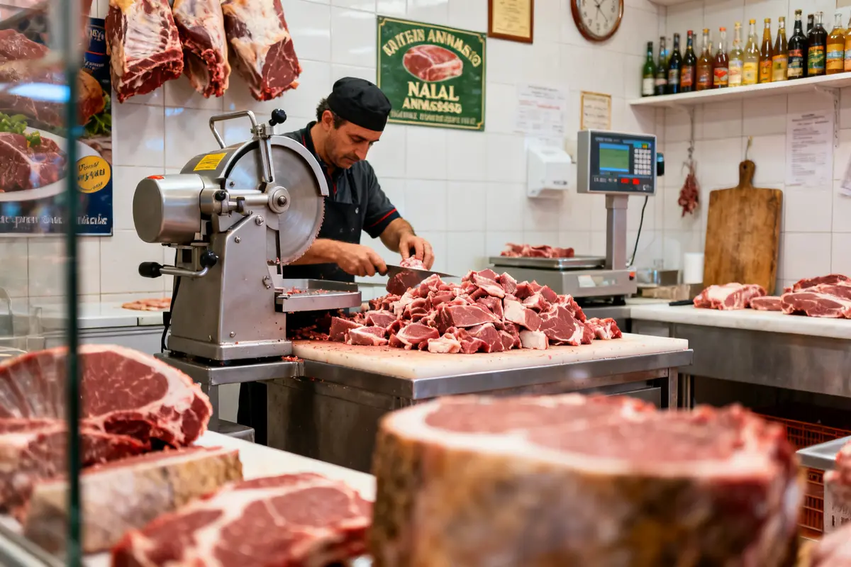 Un boucher découpe de la viande dans une boucherie halal à Annemasse ambiance authentique artisanale