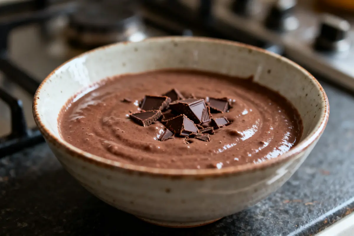 Bol de bouillie au chocolat crémeuse garnie de morceaux de chocolat sur une table