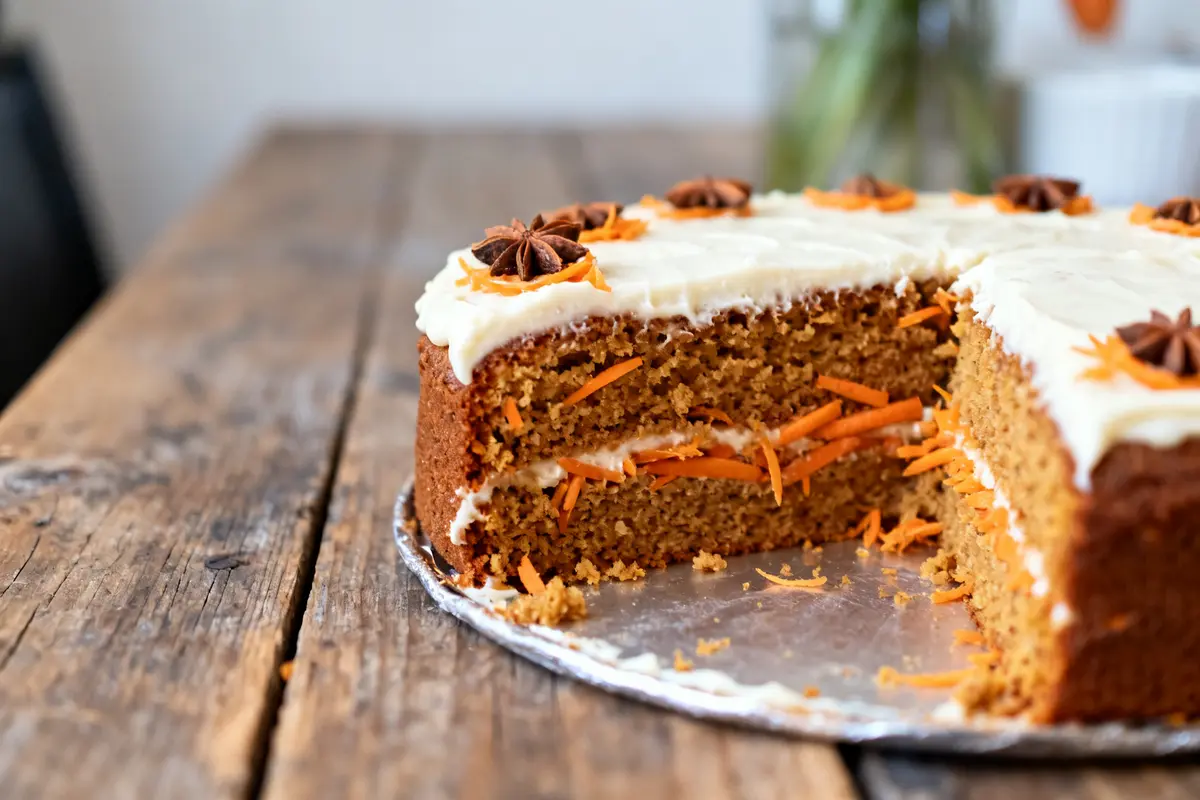 Carrot cake glacé avec étoile de badiane sur une table en bois rustique
