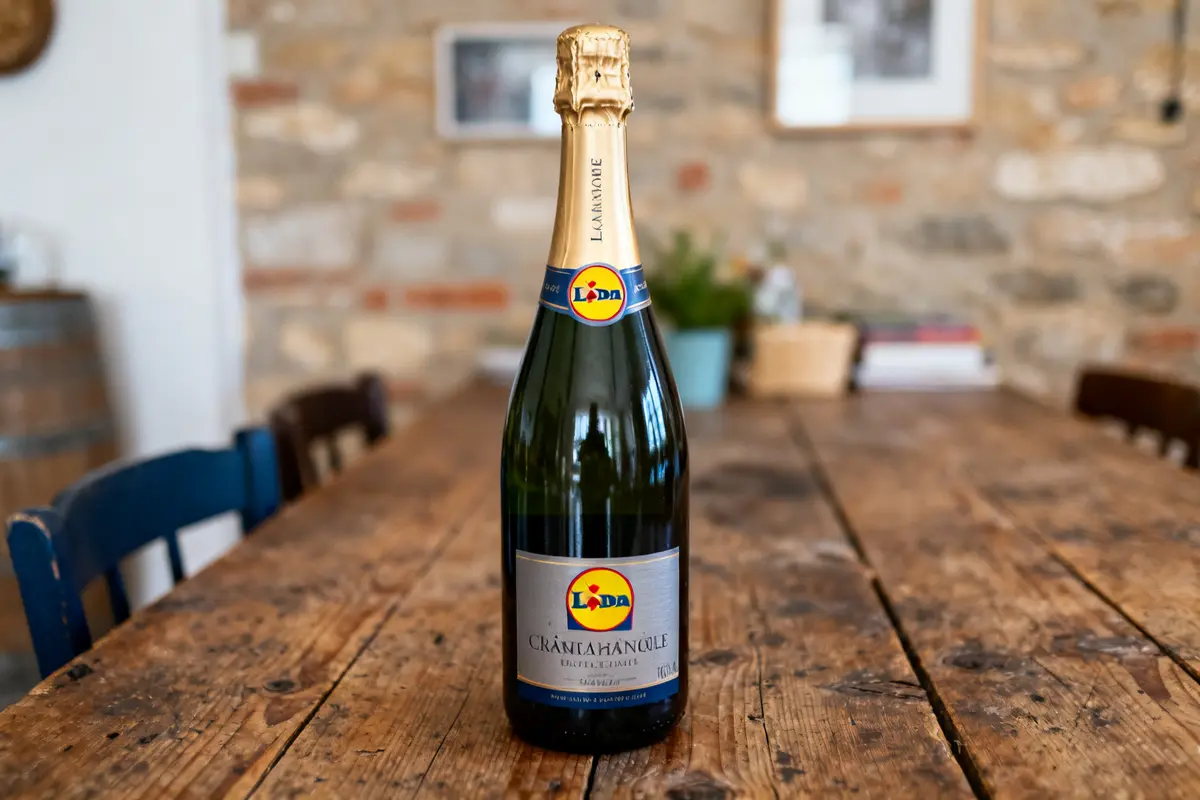 Bouteille de champagne Lidl sur une table en bois dans un intérieur rustique