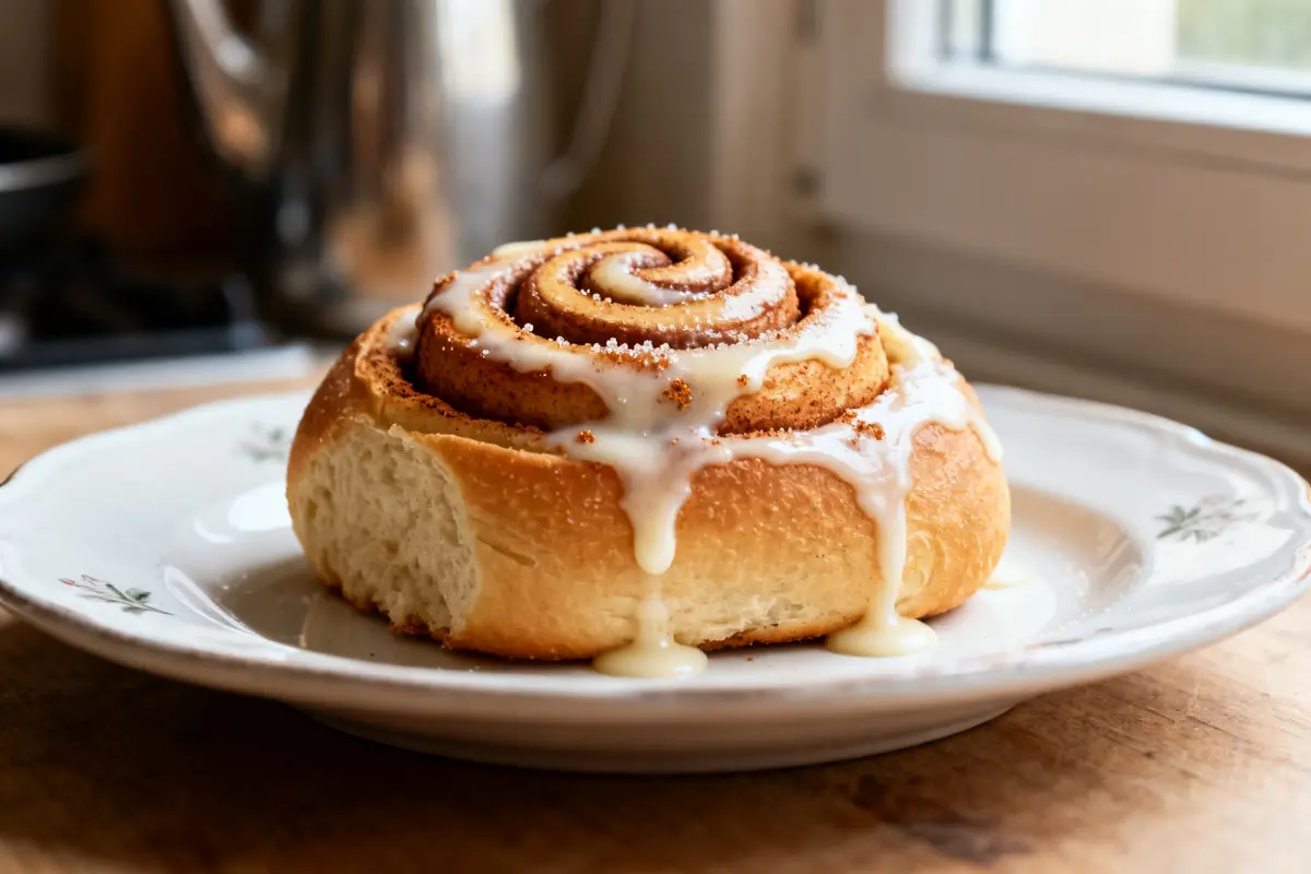 Glaçage fondant sur cinnamon roll appétissant posé sur une assiette blanche en intérieur