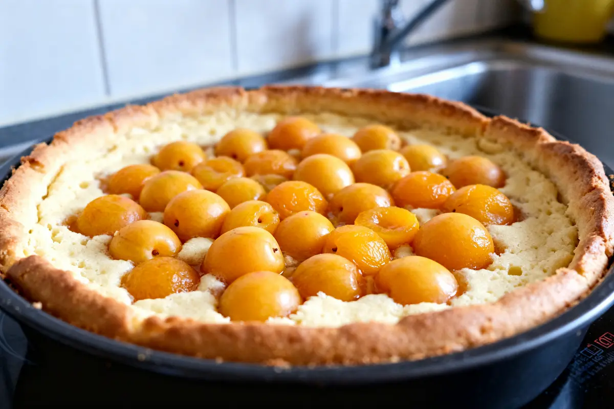 Clafoutis aux mirabelles dorées dans un moule en gros plan sur plan de travail