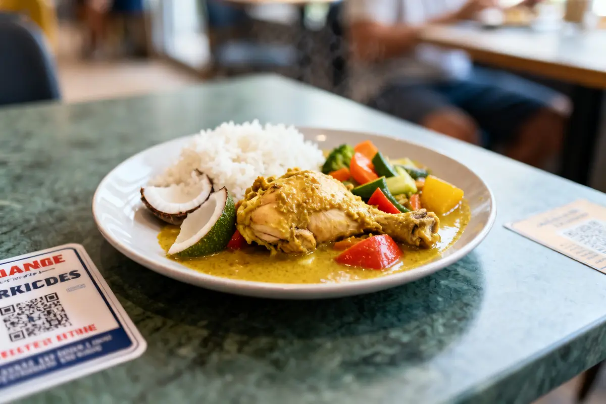 Assiette de colombo de poulet antillais au lait de coco aux légumes avec riz blanc