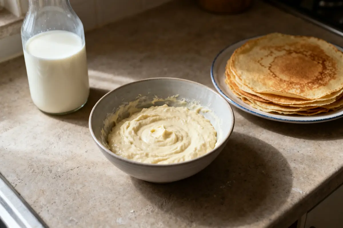 Bol de pâte à crêpes, crêpes cuites et lait pour savoir combien de crêpes peut-on faire avec 1 litre de lait