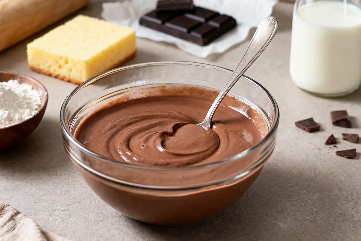 Bol de crème chocolat rapide maïzena avec ingrédients en arrière-plan sur table